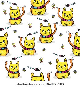 Seamless pattern with Cute cat,Pet animal vector illustration,Cute cat doodle vector design,Cat hand drawn doodle cartoon