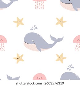 Seamless pattern with cute catroon jellyfish, starfish and whale. Vector.
