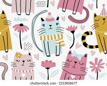 Seamless pattern with cute cats. 