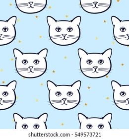 Seamless pattern with cute cats animal and gold stars. Children linear illustration. To print T-shirts, bags or cover.