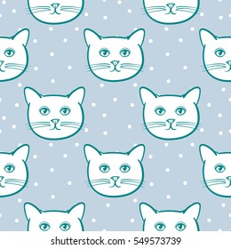Seamless pattern with cute cats animal and snow background. Children linear illustration. To print T-shirts, bags or cover.