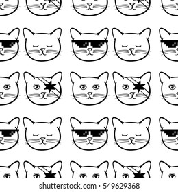 Seamless pattern with cute cats animal. Children linear illustration. To print T-shirts, bags or cover.