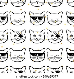 Seamless pattern with cute cats animal and gold stars. Children linear illustration. To print T-shirts, bags or cover.