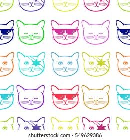 Seamless pattern with cute cats animal. Children linear illustration. To print T-shirts, bags or cover.