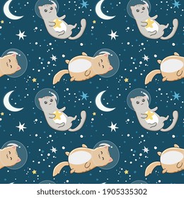 Seamless pattern with cute cats astronauts on starry space background. Perfect for wrapping paper, posters, fabric and other design.