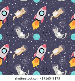 Seamless Pattern With Cute Cats Astronauts On Starry Space Background. Perfect For Wrapping Paper, Posters, Fabric And Other Design.