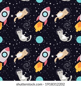 Patrón sin foco con astronautas de gatos lindos sobre fondo espacial estrellado. Perfecto para envolver papel, carteles, tela y otros diseños.