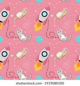 Seamless pattern with cute cats astronauts on starry space background. Perfect for wrapping paper, posters, fabric and other design.