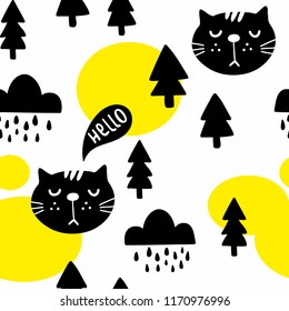 Seamless pattern with cute cats in the autumn forest. Vector illustration in scandinavian style for decorating.