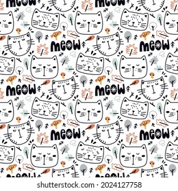 Seamless pattern with cute cats, autumn, leaves, mushrooms on a white background. Hand drawn vector illustration, Scandinavian style. Perfect for fabric, textile, wrapping, wallpaper, t-shirt print