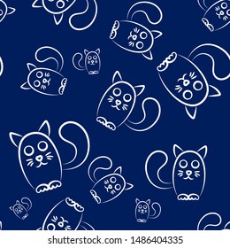 Seamless pattern with cute cats with big eyes and long tails against a dark blue background. Contour vector illustration with a cute cat. Postcard. Package design. Print for fabric. Packing material.