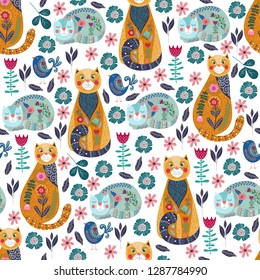 Seamless pattern with cute cats and birds, flowers and leaves on white background, vector illustration