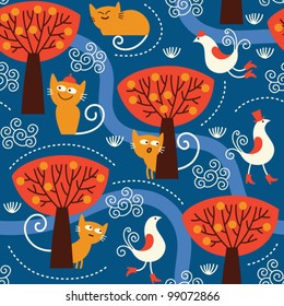 seamless pattern with cute cats and birds