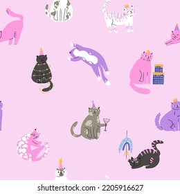 seamless pattern with cute cats for birthday. design for fabric, wrapping paper, etc. vector flat illustration.