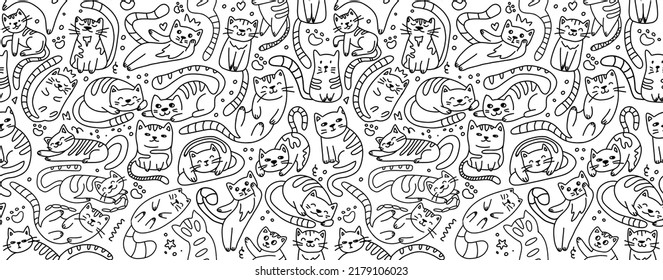 Seamless pattern with cute cats black and white doodle style