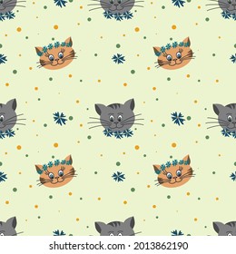 Seamless pattern with cute cats and blue flowers. For the design of fabric, packaging paper, postcards. Vector illustration.