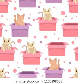 Seamless pattern of cute cats in boxes. Illustration