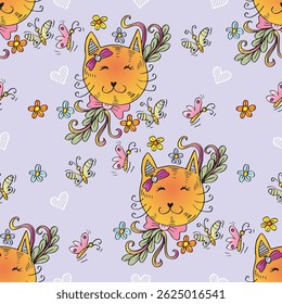 Seamless pattern with cute cats and butterflies. Vector illustration.