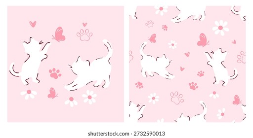 Seamless Pattern of cute cats and butterflies with paw prints, daisy flower and heart on pink background vector.