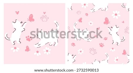 Seamless Pattern of cute cats and butterflies with paw prints, daisy flower and heart on pink background vector.