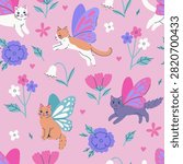 Seamless pattern with cute cats with butterfly wings and flowers. Vector graphics.
