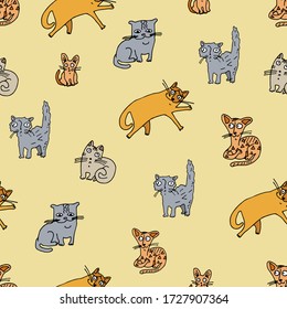 Patrón sin foco de gatos lindos. Estilo de caricatura. Ilustración bursátil. Diseño de papel pintado, tela, textil, embalaje.