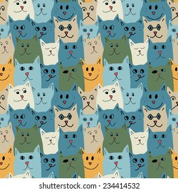 Seamless pattern with cute cats in cartoon style. Vector illustration. 