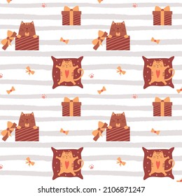 Patrón sin foco con gatos lindos. El gato está sentado en una caja de regalo con un arco, sobre una almohada. Fondo texturado a rayas. Para el diseño de paquetes para el día de San Valentín, cumpleaños. Ilustraciones vectoriales.