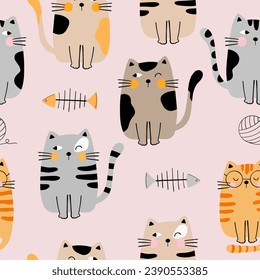 Seamless pattern with cute cats, Cat toy, fishbone for your fabric, children textile, apparel, nursery decoration, gift wrap paper, baby's shirt. Vector illustration