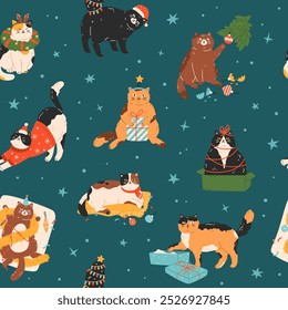 Seamless pattern of cute cats celebrating Christmas and New Year. Background of feline pets with Christmas decorations and ornaments. Hand drawn flat illustration for print, poster, wrapping paper.