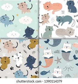 seamless pattern with cute cats. childish vector illustration for textile,fabric,nursery,baby shower
