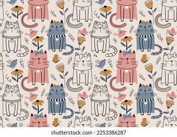 Patrón sin foco con gatos lindos. Patrón infantil impecable con gatos lindos.