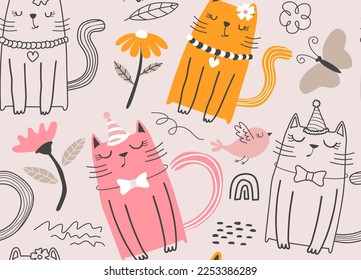 Seamless pattern with cute cats. Seamless childish pattern with cute cats .