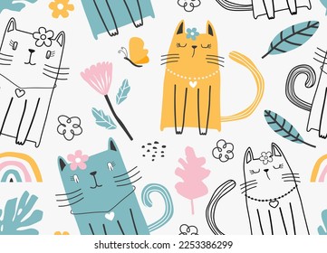 Seamless pattern with cute cats. Seamless childish pattern with cute cats .
