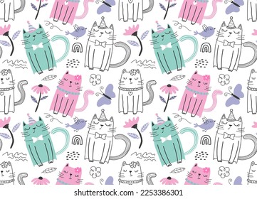 Patrón sin foco con gatos lindos. Patrón infantil impecable con gatos lindos.