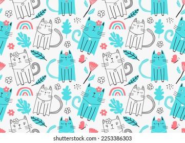 Seamless pattern with cute cats. Seamless childish pattern with cute cats .