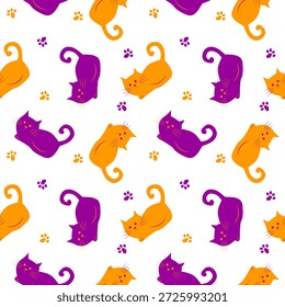 Patrón sin fisuras con lindos gatos y coloridos estampados de patas.