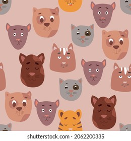 Seamless pattern with cute cats. Creative childish texture on a beige background. Stock vector illustration for textile, fabric, paper, cards and print.