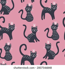 Seamless pattern with cute cats in a crown. Creative children's pink texture. Great for fabric, textile vector illustration.Vector hand draw design.