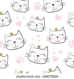 Seamless pattern with cute cats in the crown, with glitter. Pattern for girls, for textiles, children's clothing, overprint paper, prints.