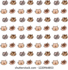 Seamless pattern of cute cats, different breeds and expressions.