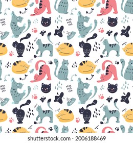 Seamless pattern with cute cats in different poses. Printing on textiles for children's clothing. Vector graphics.