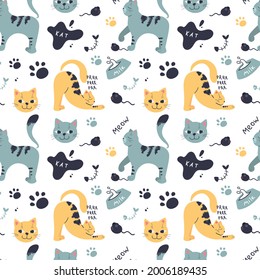 Patrón sin foco con gatos lindos en diferentes poses. Caracteres característicos. Impresión sobre textiles para prendas de vestir para niños. Gráficos vectoriales.