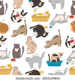 Seamless pattern of cute cats in different poses on a white background in a modern flat style. Animals.
