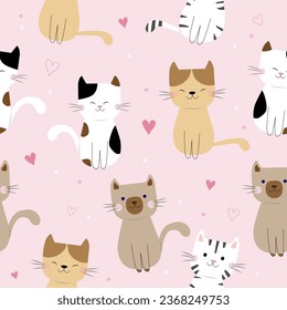 seamless pattern of cute cats with different colors sitting , polka dots , pink hearts on pastel pink background, vector, illustration 