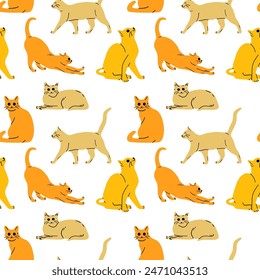 Seamless pattern of cute cats in different poses on a white background in a modern flat style. Animals.