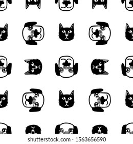 Seamless pattern with cute cats and dogs. Doodle sketches of pets. Hand drawn vector illustration of funny characters.