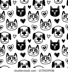 Seamless pattern with cute cats and dogs. Hipster style portraits set. Doodle sketches. Hand drawn vector illustration of funny characters.