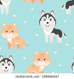 Seamless pattern with cute cats and dogs. Children's background. Cartoon flat illustration. Funny animals.