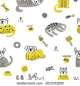 seamless pattern of cute cats and dogs for fabrics, books, magazines in doodle style. Vector illustration